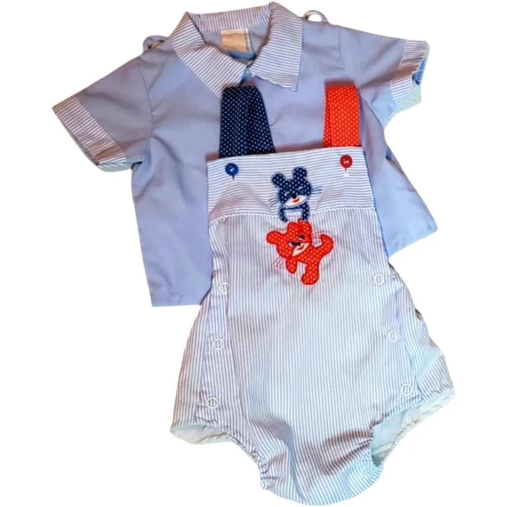 Vintage Baby Togs 2 Piece Romper & Shirt Blue|Red Baby Boys 3-6 Months